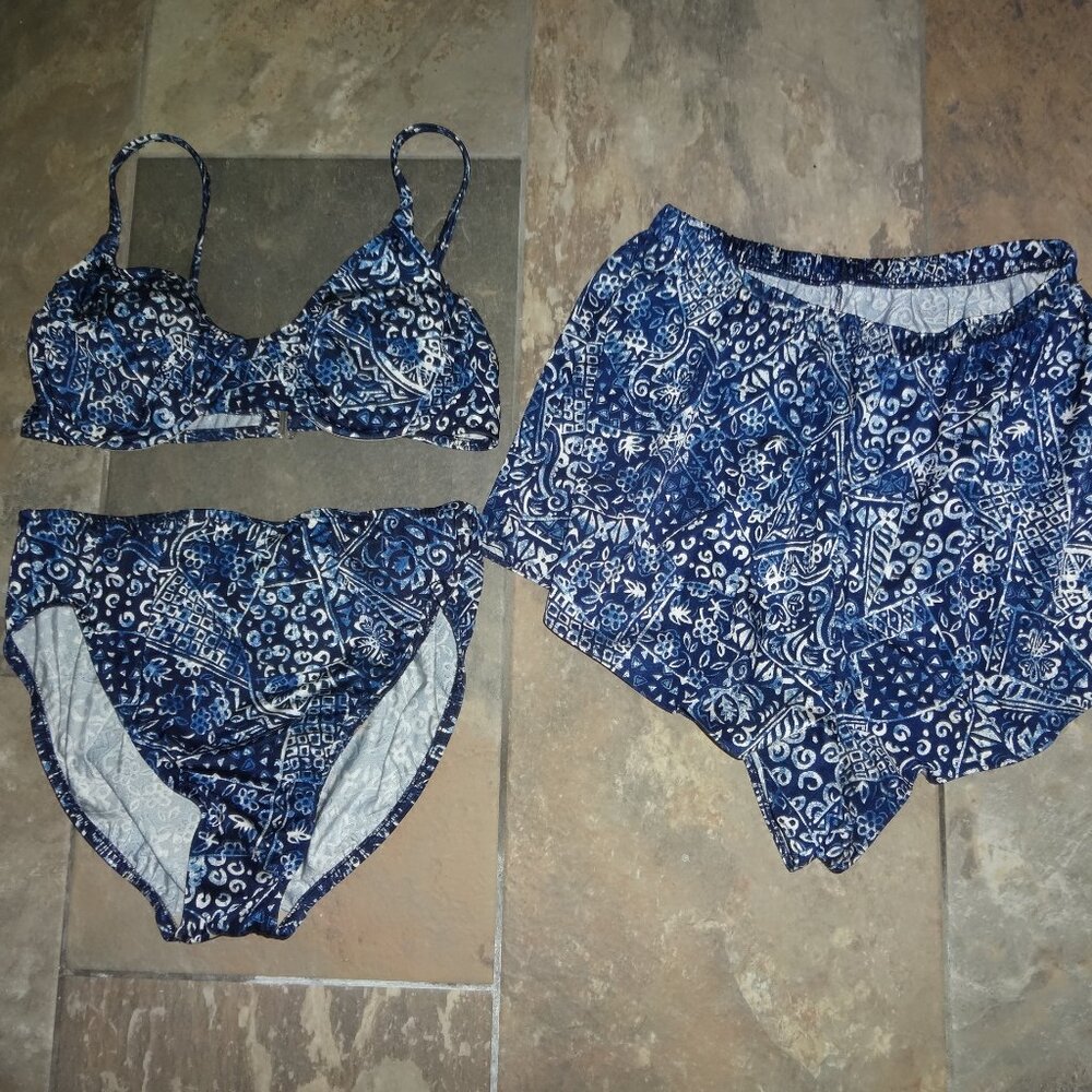 Lands' End 3 Piece Set 14 Bathing/Swim Suit navy/white batik/bandana 2 pc+shorts